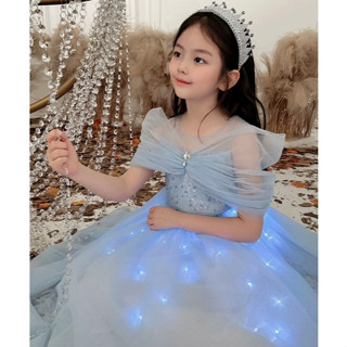 Đầm công chúa xanh phát sáng trễ vai cho bé gái Váy Lọ Lem cổ tích đèn đom đóm Halloween