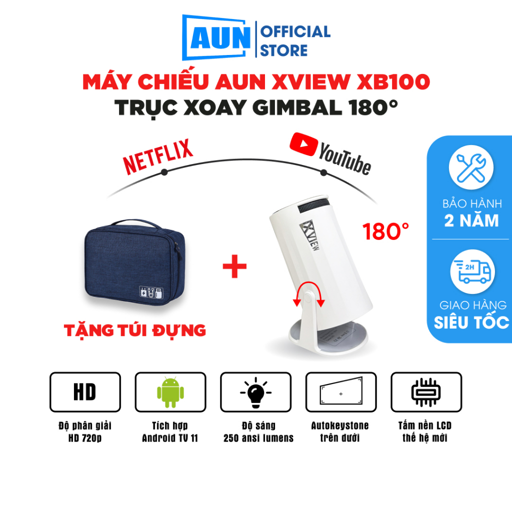 Máy chiếu mini AUN Xview XB100 - Xoay 180 độ - Độ phân giải thực chuẩn HD - Độ sáng 250 ansi