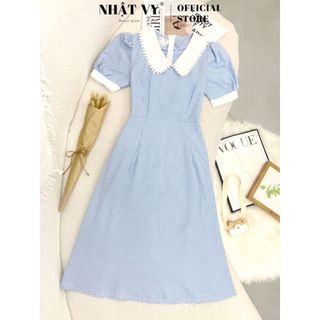 Đầm công sở Nhật Vy cổ phối bèo viền ren tay phồng chất caro lụa phù hợp dạo phố dự tiệc đơn giản thanh lịch - D3041