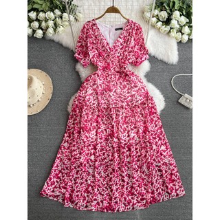 #4909 [Order] Đầm thời trang nữ Quảng Châu váy cổ chữ V 5 màu họa tiết hoa nhí chất voan freesize siêu xinh