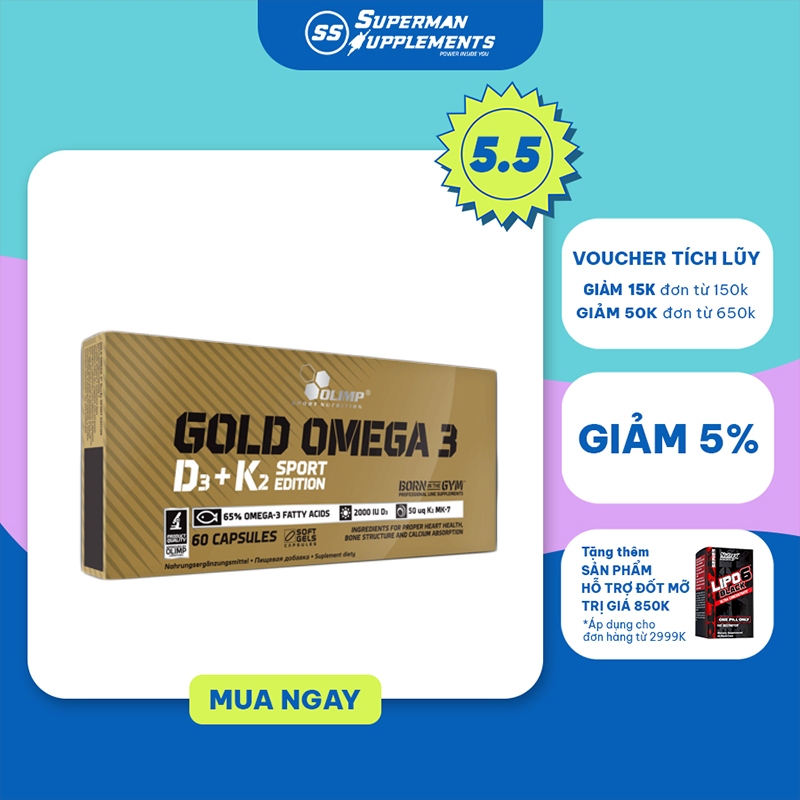 Thực phẩm bổ sung dầu cá và vitamin nhập khẩu Gold Omega 3 D3 + K2 Sport Edition