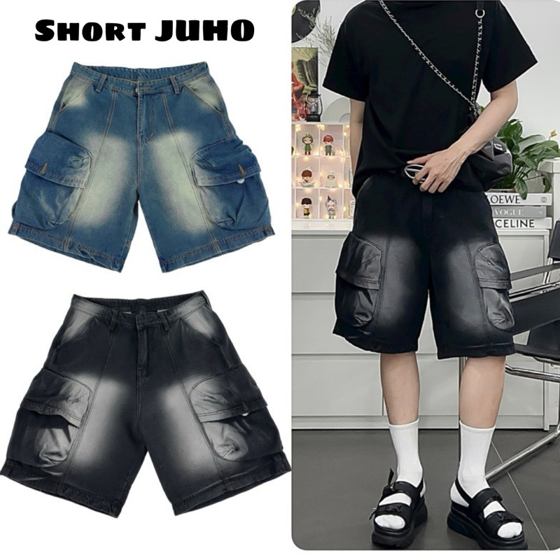 Jaystoree | Quần Shorts Jean túi hộp JUHO WASH màu XANH form Unisex 🖤 Quần ngố denim ống rộng | BigBuy360 - bigbuy360.vn