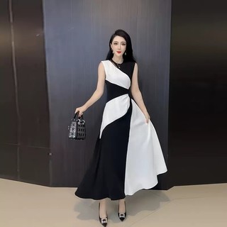 Đầm Maxi Lụa Phối Màu Cổ Tròn 4058 - Hàng Nhập