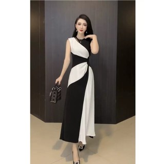 Đầm Maxi Lụa Phối Màu Cổ Tròn 4058 - Hàng Nhập