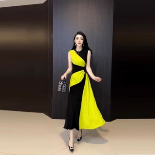 Đầm Maxi Lụa Phối Màu Cổ Tròn 4058 - Hàng Nhập