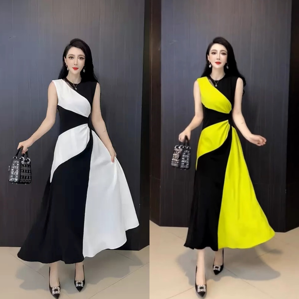 Đầm Maxi Lụa Phối Màu Cổ Tròn 4058 - Hàng Nhập