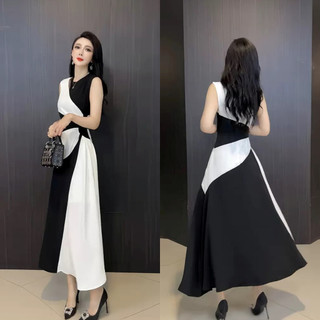Đầm Maxi Lụa Phối Màu Cổ Tròn 4058 - Hàng Nhập