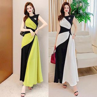 Đầm Maxi Lụa Phối Màu Cổ Tròn 4058 - Hàng Nhập