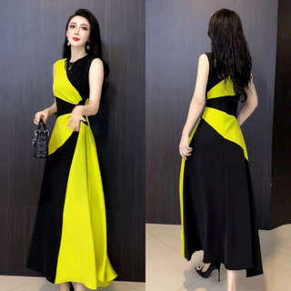 Đầm Maxi Lụa Phối Màu Cổ Tròn 4058 - Hàng Nhập