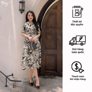 Đầm emy em9320 xoè cổ vest chéo họa tiết