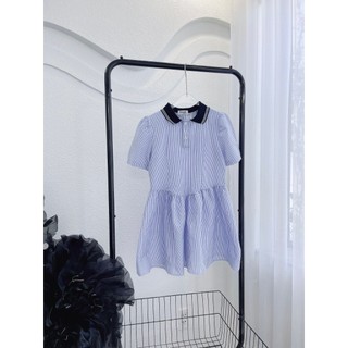 Đầm baby doll sọc xanh nhuyễn cổ sơ mi polo nút ngực