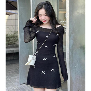 Đầm thiết kế body xốp lưới mùa hè tay loa dáng ngắn đính nơ tôn dáng sang chảnh đi tiệc đi chơi chuẩn style trẻ trung, n