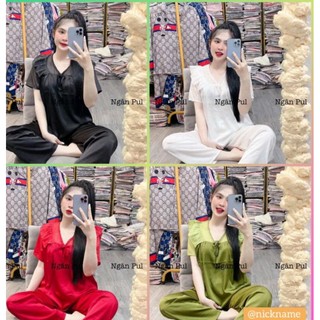 Bộ tiểu thư tay ngắn cổ v tay voan quần dài phom 40/62kg chất liệu lụa sướt