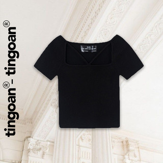 TINGOAN® - Áo len xù crop ngắn tay chéo dây đen MISSIN' U TOP/BL phiên bản mới nhất tháng 10.2023
