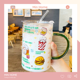 Cốc thuỷ tinh lớn 1000ml in hình cute có nắp và ống hút chịu nhiệt tốt, ly thuỷ tinh cao cấp dễ thương MinHome