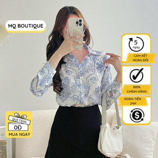 Áo sơ mi nữ hoa xanh dương nhạt nền trắng tay dài cao cấp công sở áo sơ mi họa tiết lạ thanh lịch thiết kế MQ Boutique
