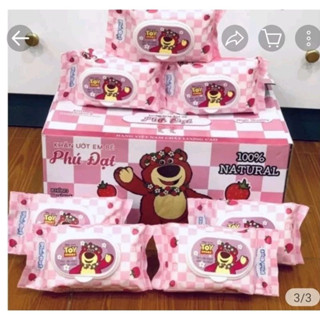 Khăn giấy ướt gấu dâu hồng Lotso phú đạt không mùi sử dụng cho em bé siêu mềm mịn gói 120 tờ