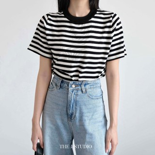 Áo thun sọc len dệt kim cổ tròn ngắn tay họa tiết kẻ ngang dáng slimfit vừa người - Stripped Top
