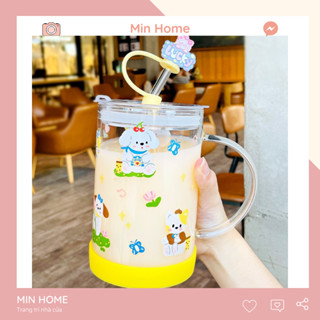 Cốc thuỷ tinh lớn 1000ml hình cún cute có nắp và ống hút chịu nhiệt tốt, ly thuỷ tinh cao cấp dễ thương Minhome