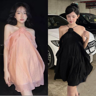 Đầm yếm voan 2 lớp form babydoll khoét vai nơ ngực