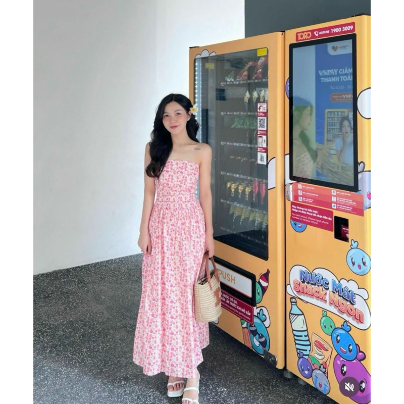 ĐẦM HOA MIDI ỐNG CÚP LƯNG THUN