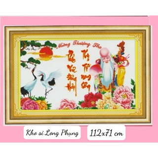 Kho sỉ)tranh thêu phúc lộc thọ mừng thọ 121x71cm thêu kín