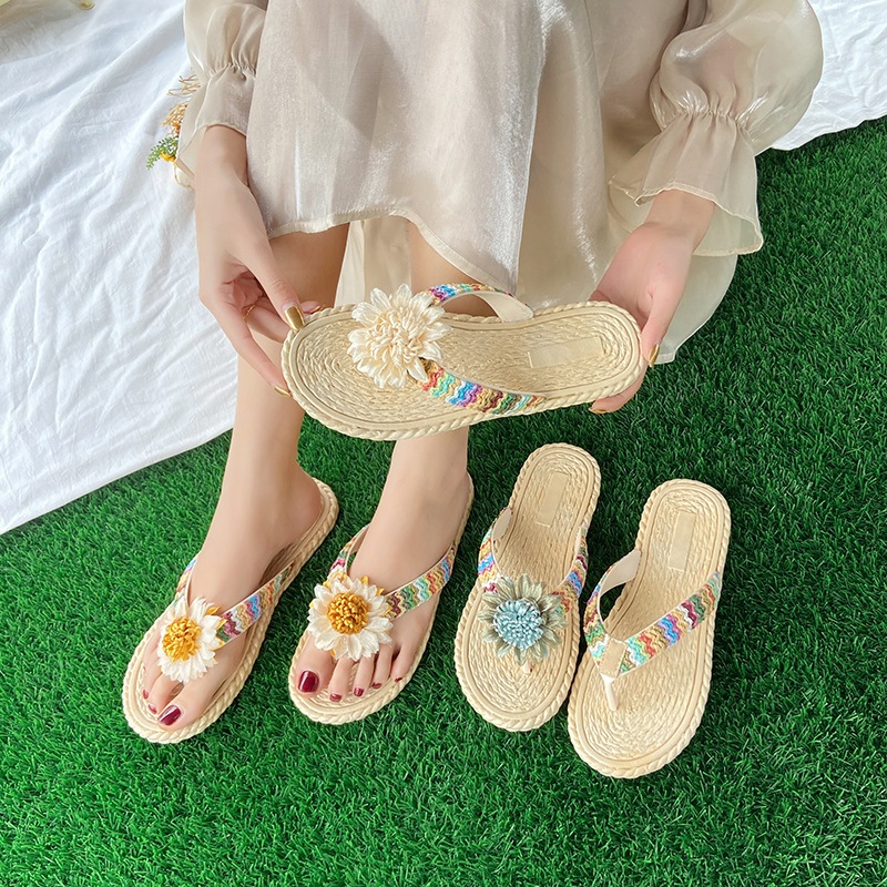 Dép cói nữ xỏ ngón đính hoa xinh xắn - ứng dụng cao, đi làm, văn phòng, đi dạo, đi biển