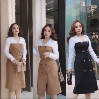 Đầm Suông Dáng Sơ Mi Phối Màu Kèm Thắt Lưng Thanh Lịch