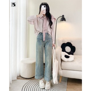 Quần jeans nữ Twentyfive ống suông rộng cạp cao gấu cắt gập nếp 5774