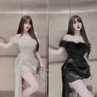 Váy thiết kế trễ vai lông dáng ôm body chất lụa Váy Thiết Kế Như Quỳnh