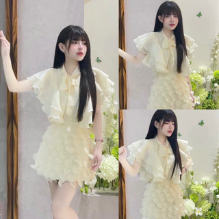 Set áo tơ 2 lớp bèo vai đính cúc ngọc