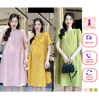 Váy suông dáng dài cộc tay ba cúc baybedol tiểu thư chất vải đũi gân bao đẹp diện đi chơi đi làm đều OK