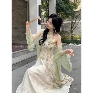  Sẵn-Set sườn xám cách tân váy hoa và áo ngoài khoác chất lụa voan cao cấp phù hợp mọi phong cách lứa tuổi Trung Hoa 2024 