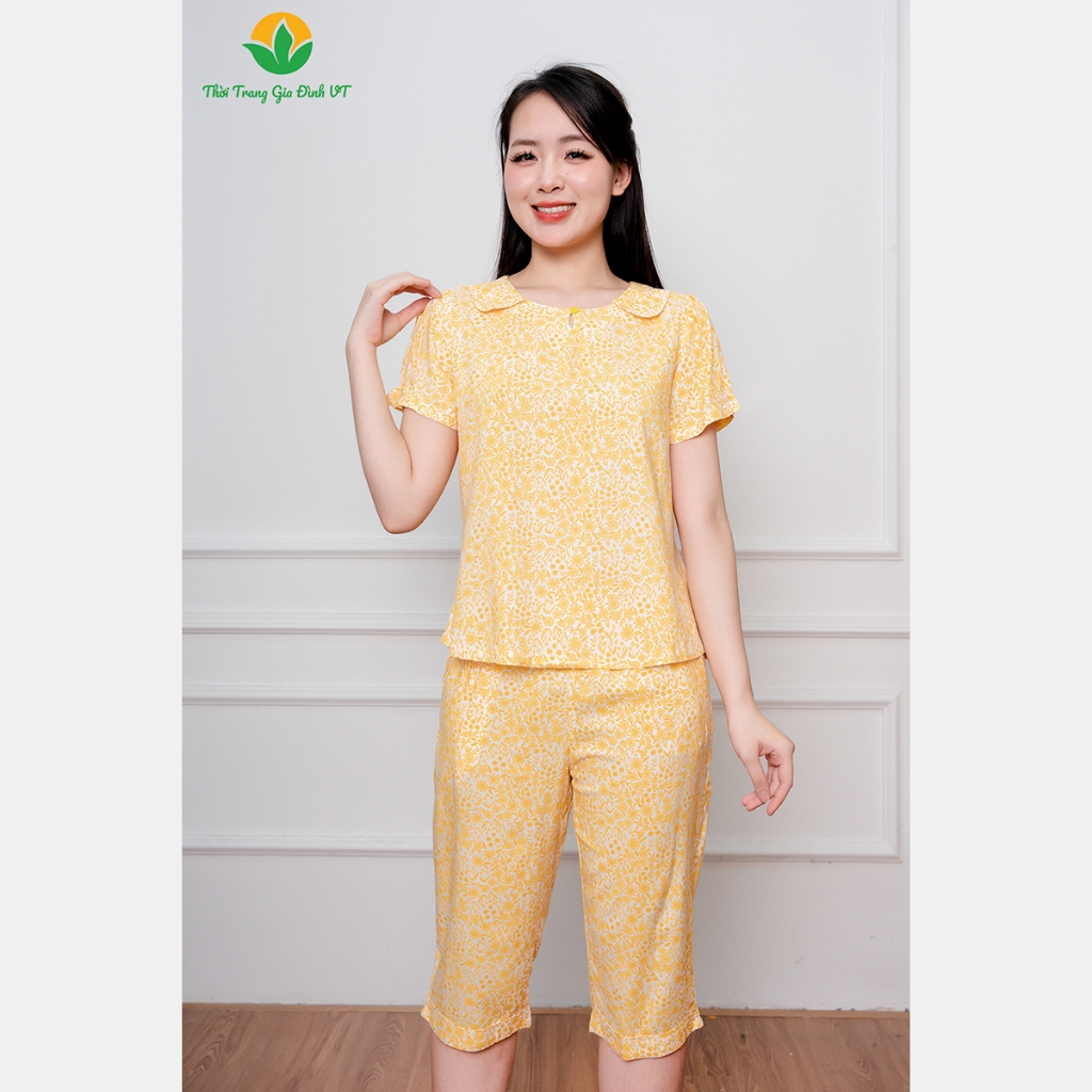 Đồ bộ lanh mặc nhà nữ mùa hè Việt Thắng, quần lửng, áo cộc tay cổ xẻ - B06.2307