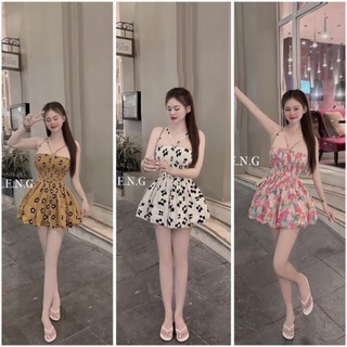 Đầm Váy Bí Cổ Yếm Dáng Ngắn Phồng Hoạ Tiết Hoa Mùa Hè 4G200120