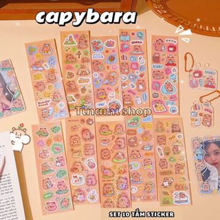Set 10 tấm sticker capybara lấp lánh đế nhựa kích thước 15cm x 5.2cm hình dán trang trí sổ toploader