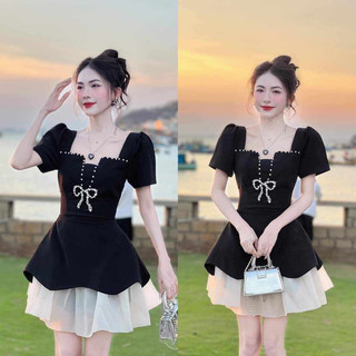 Váy đen dự tiệc cổ u đá nơ phối voan tơ
