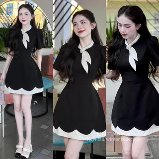 Váy đen dự tiệc cổ nơ chân viền sóng