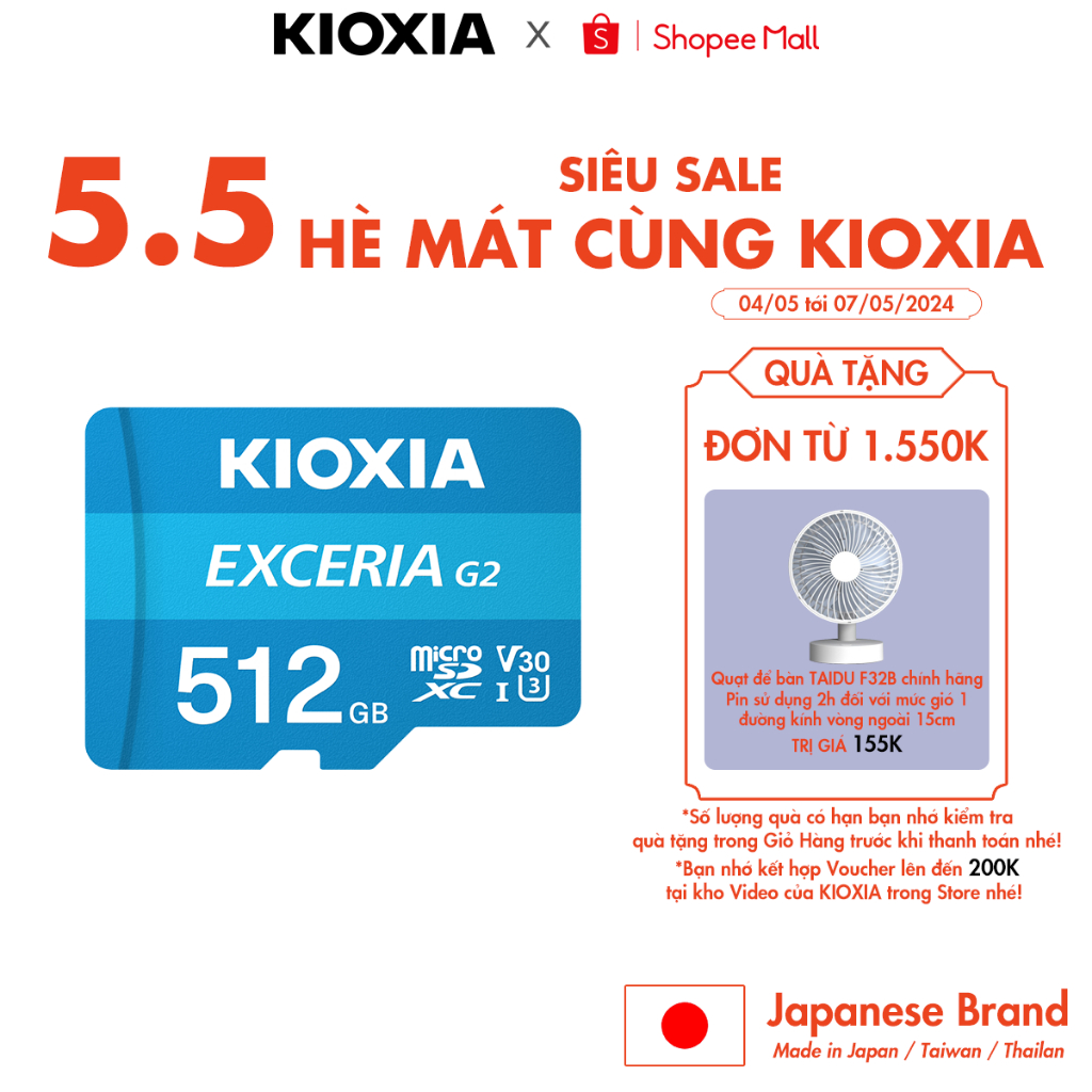 Thẻ nhớ KIOXIA MicroSD 4K SDXC V30 U3 CL10 [ MicroSD Exceria / MicroSD Exceria G2 ]  - Hàng Chính Hãng