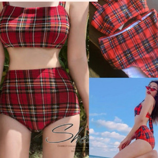 (Có sẵn, clip, hình thật) Bikini áo croptop sexy bikini hai mảnh gợi cảm quần ngang rốn tôn dáng, nâng mông màu đỏ caro