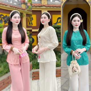 Đồ lam đi chùa nữ, bộ đi lễ chùa tay lỡ gấm tô châu cao cấp hàng loại 1 pháp phục hải đường
