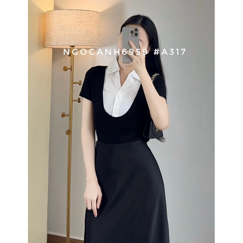 Áo díp den phối cổ sơ mi cho nữ