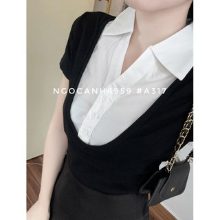 Áo díp den phối cổ sơ mi cho nữ