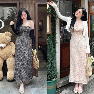 SET ĐẦM MIDI HOA HAI DÂY KÈM KHOÁC CROPTOP