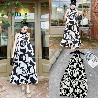 Váy bầu dáng suông đầm bầu maxi đi biển màu be họa tiết dáng dài siêu xinh