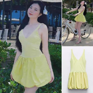 (sẵn M/L) VÁY 2 DÂY BODY CỔ V VÀNG CHANH ZARA XUẤT