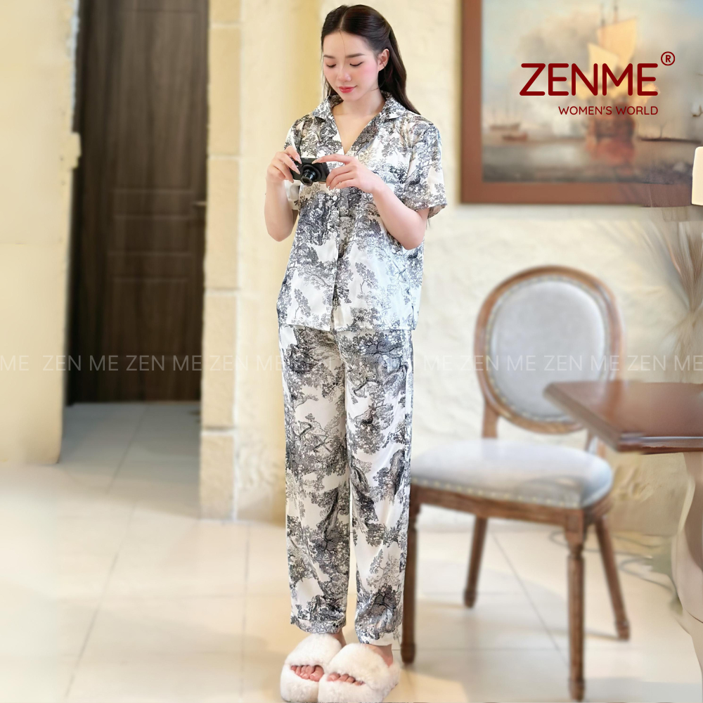 Đồ ngủ lụa latin nữ pijama form rộng Zenme, bộ mặc nhà tay ngắn quần dài thoáng mát, họa tiết hoa PJD1223