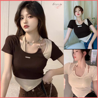 áo croptop kiểu phối màu chéo vai
