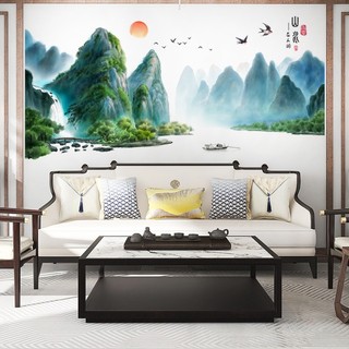 Decal dán tường phòng khách Phong thủy, sơn thủy 3D núi non 07