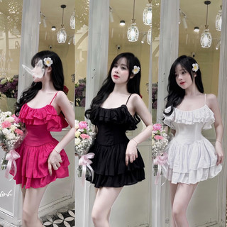 Đầm hai dây tơ rũ ánh kim dáng ngắn hai tầng